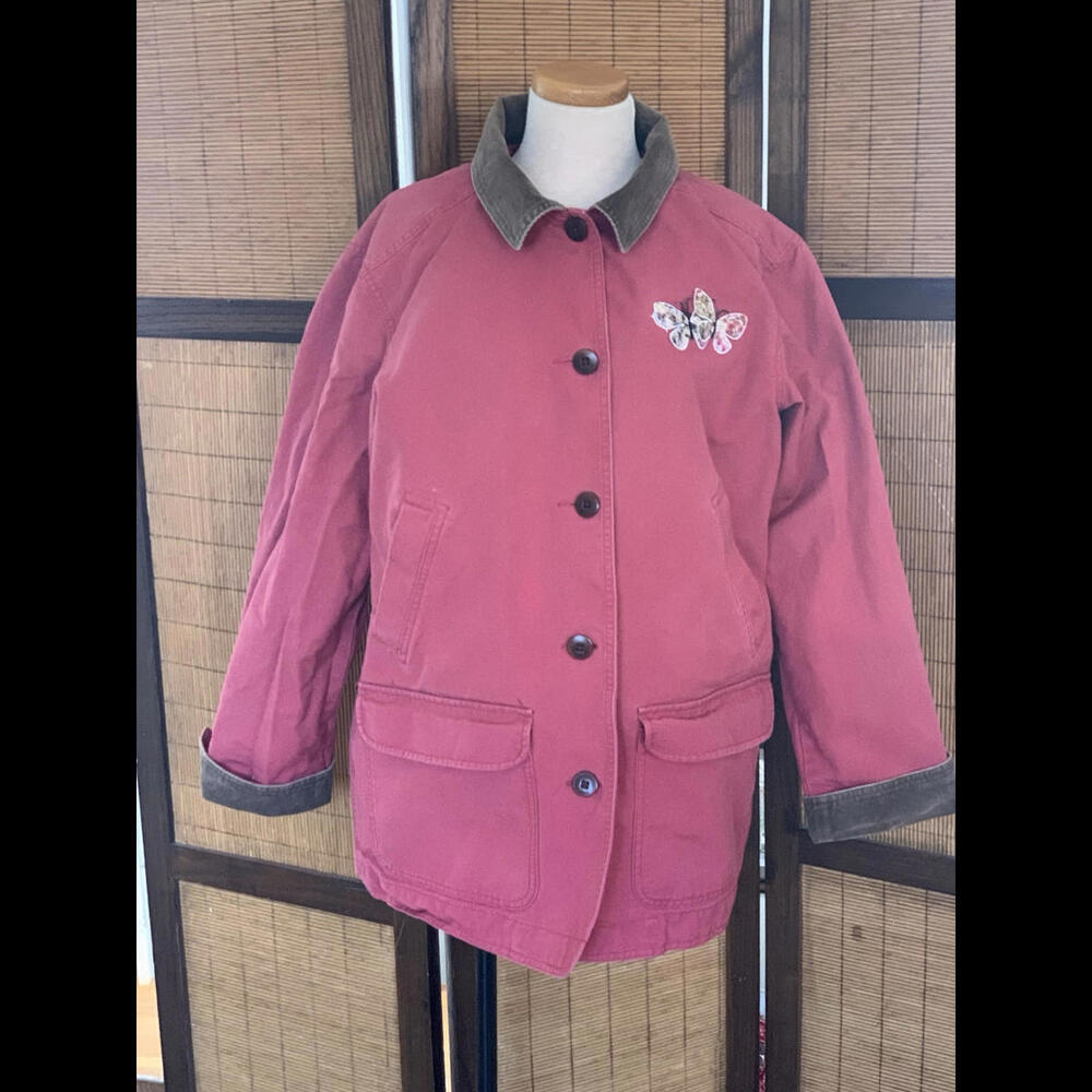 LL Bean Women's Jacket Faded Red Canvas Butterfly OBGX4